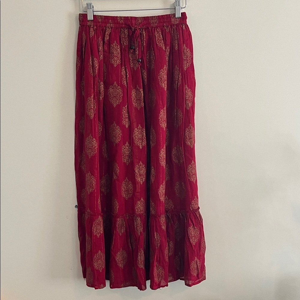 Vintage Dress Naoo Tiered Boho Midi Skirt Metallic‎ Red Peasant Bohemian Autumn